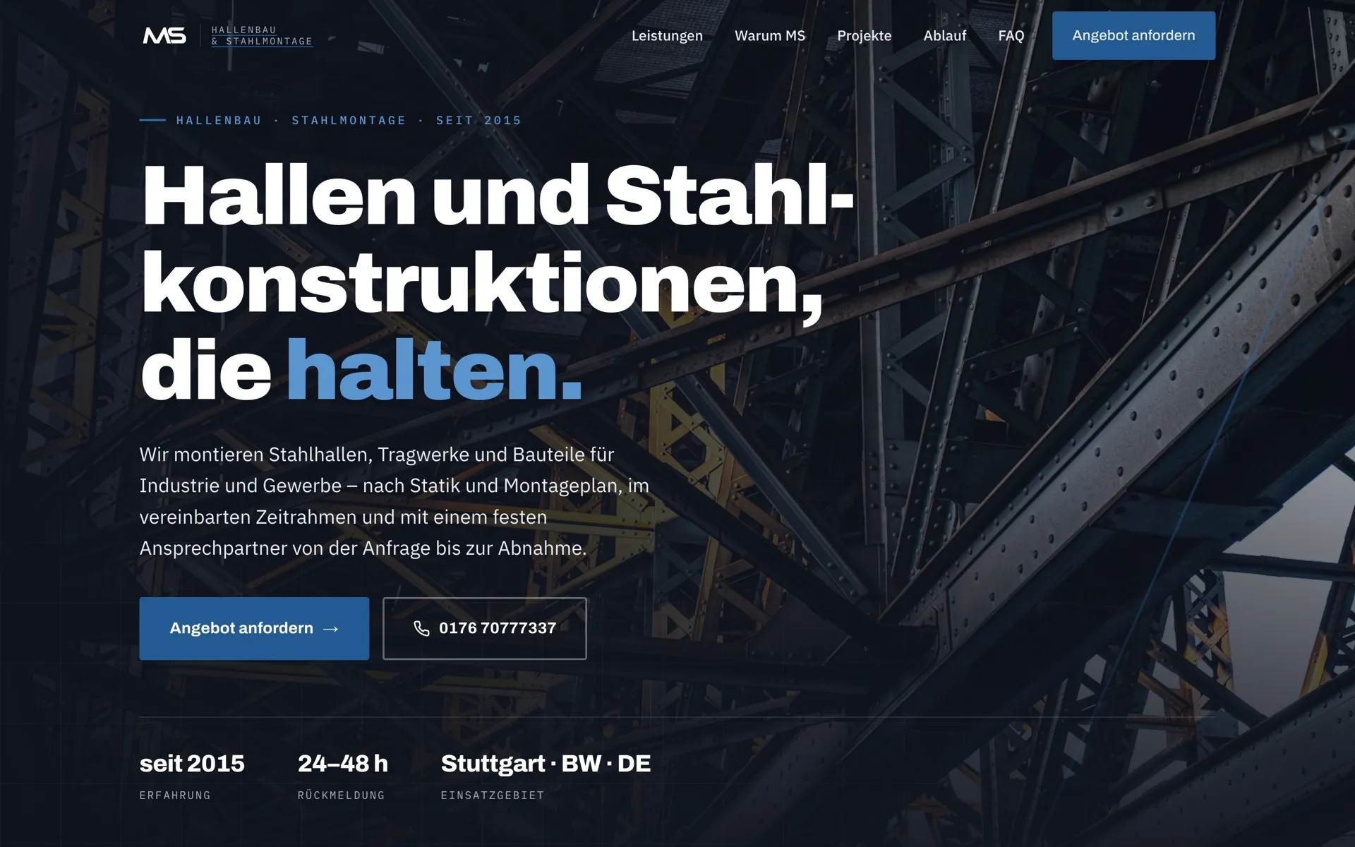 Startseite von MS Hallenbau & Stahlmontage im Browser